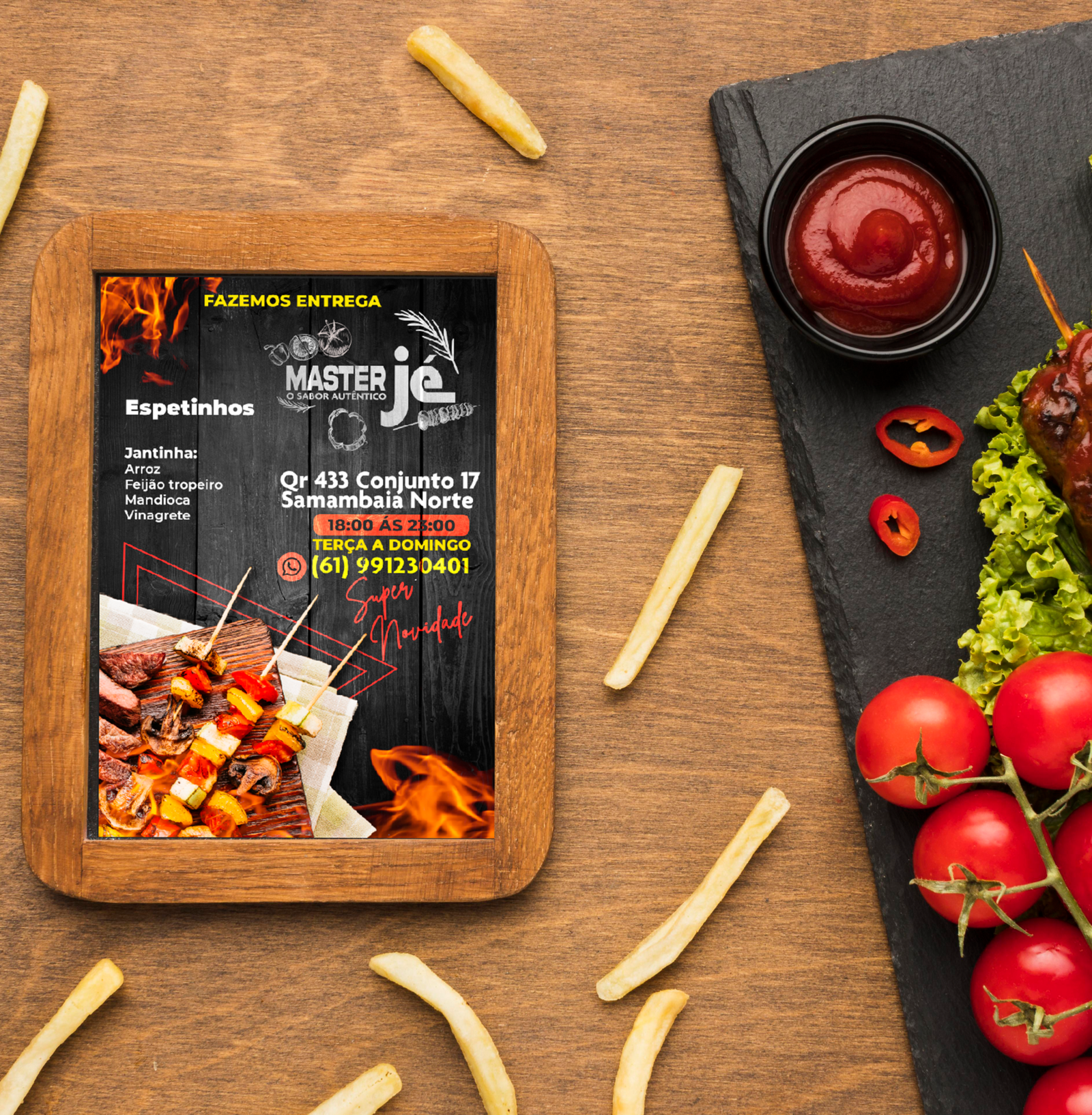 top-view-delicious-kebab-slate-with-frame-french-fries