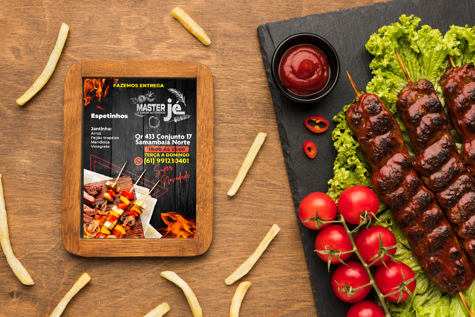 top-view-delicious-kebab-slate-with-frame-french-fries